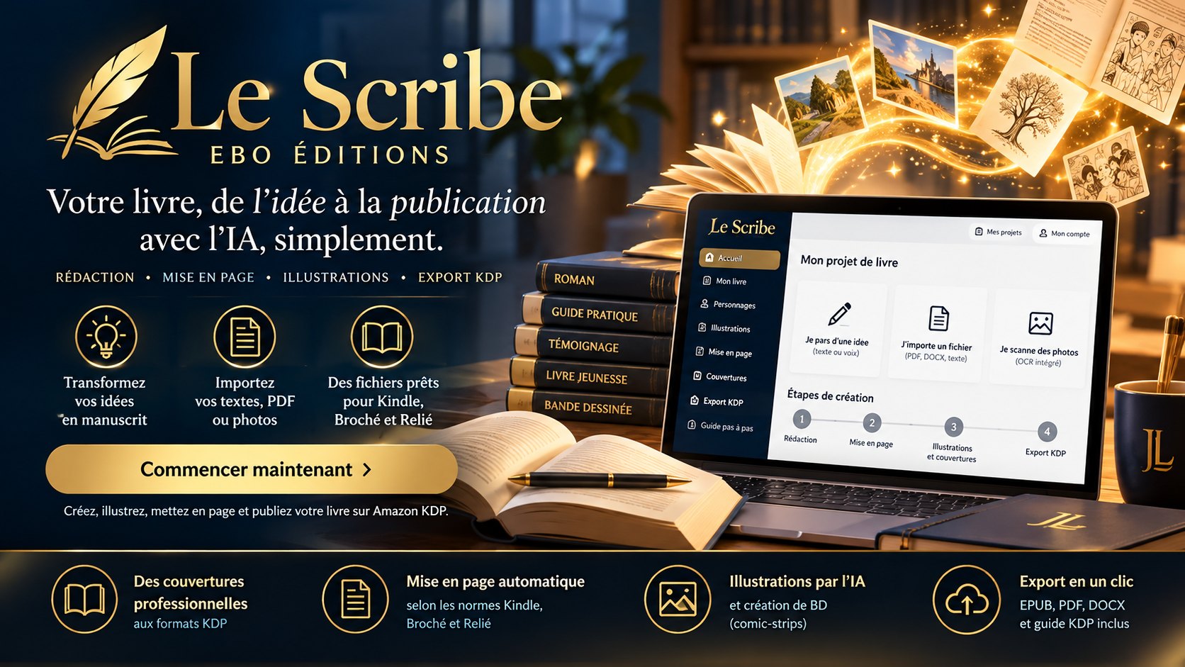 Le Scribe, EBO Éditions : rédaction, mise en page, illustrations et export KDP ; couvertures professionnelles aux
    formats KDP, mise en page automatique, illustrations par l'IA, export EPUB, PDF et DOCX avec guide KDP. Commencer : voir les offres.